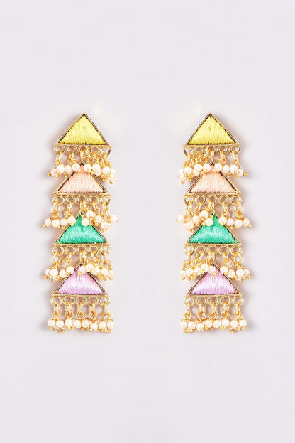 Gold Finish Silk Thread Embroidered Layered Triangle Dangler Earrings