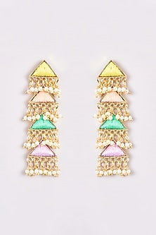 Gold Finish Silk Thread Embroidered Layered Triangle Dangler Earrings