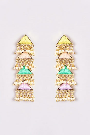 Gold Finish Silk Thread Embroidered Layered Triangle Dangler Earrings
