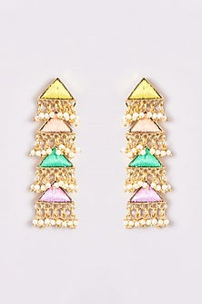 Gold Finish Silk Thread Embroidered Layered Triangle Dangler Earrings