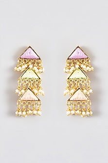 Gold Finish Silk Thread Embroidered Layered Triangle Dangler Earrings