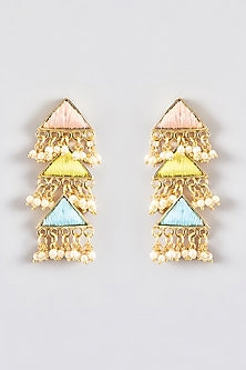 Gold Finish Silk Thread Embroidered Layered Triangle Dangler Earrings