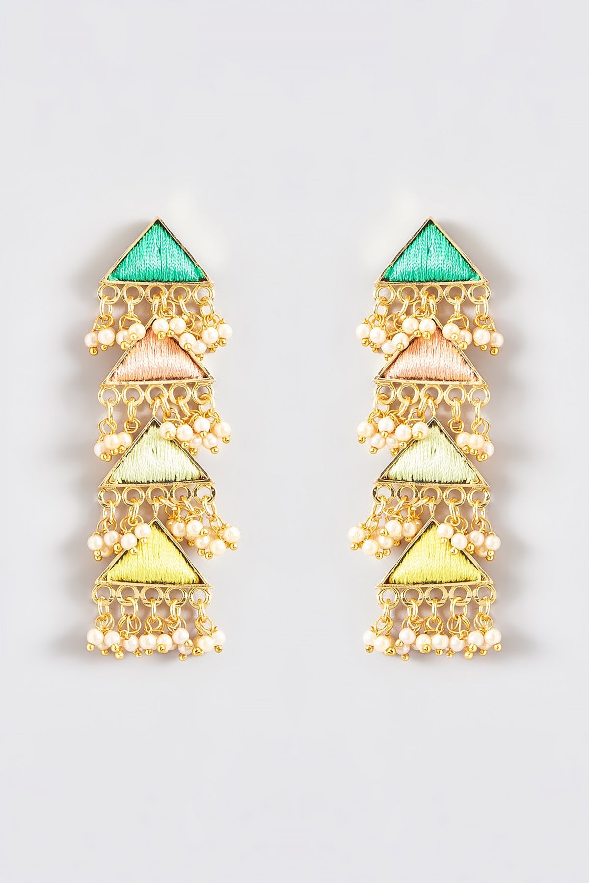 Gold Finish Silk Thread Embroidered Layered Triangle Dangler Earrings
