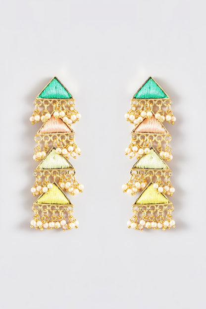 Gold Finish Silk Thread Embroidered Layered Triangle Dangler Earrings