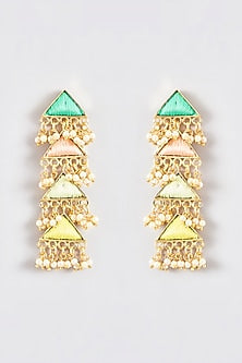 Gold Finish Silk Thread Embroidered Layered Triangle Dangler Earrings