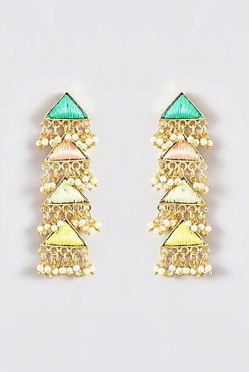 Gold Finish Silk Thread Embroidered Layered Triangle Dangler Earrings