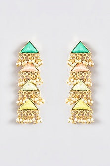 Gold Finish Silk Thread Embroidered Layered Triangle Dangler Earrings