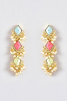 Gold Finish Silk Thread Embroidered Layered Rhombus Dangler Earrings