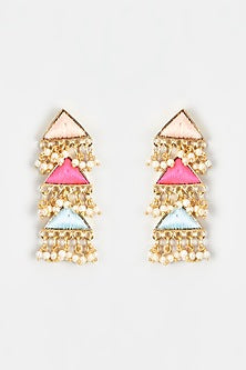 Gold Finish Embroidered Layered Triangular Dangler Earrings