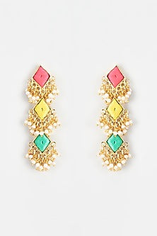 Gold Finish Embroidered Layered Rhombus Earrings