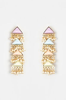 Gold Finish Embroidered Layered Triangular Dangler Earrings