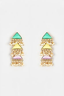 Gold Finish Embroidered Layered Triangular Dangler Earrings