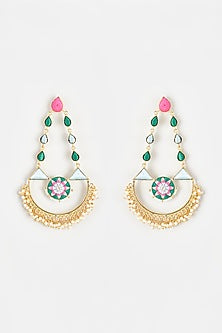 Gold Finish Embroidered Toned Long Dangler Earrings