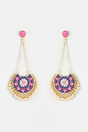 Gold Finish Embroidered Circular Moon Dangler Earrings