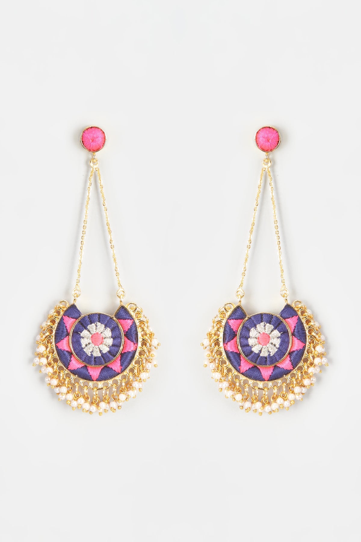 Gold Finish Embroidered Circular Moon Dangler Earrings