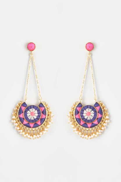 Gold Finish Embroidered Circular Moon Dangler Earrings