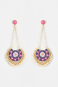 Gold Finish Embroidered Circular Moon Dangler Earrings