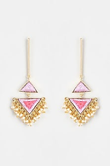 Gold Finish Embroidered Triangle Dangler Earrings