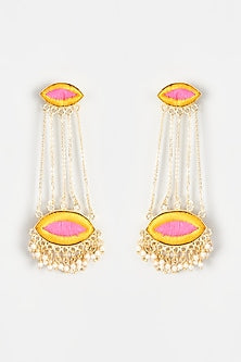 Gold Finish Embroidered Evil Eye Dangler Earrings