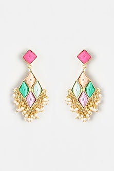 Gold Finish Embroidered Rhombus Dangler Earrings
