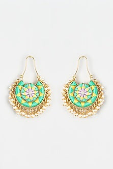 Gold Finish Embroidered Circular Moon Dangler Earrings