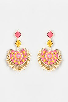 Gold Finish Embroidered Rhombus Dangler Earrings