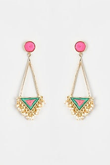 Gold Finish Embroidered Long Triangle Dangler Earrings