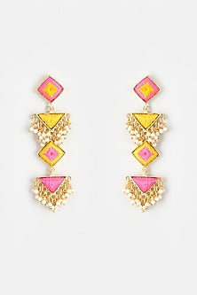 Gold Finish Embroidered Long Dangler Earrings