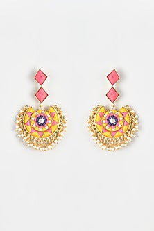 Gold Finish Embroidered Rhombus Dangler Earrings