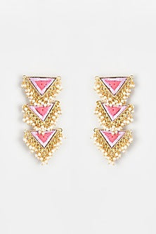 Gold Finish Embroidered Long Triangle Dangler Earrings