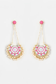 Gold Finish Embroidered Circular Moon Dangler Earrings