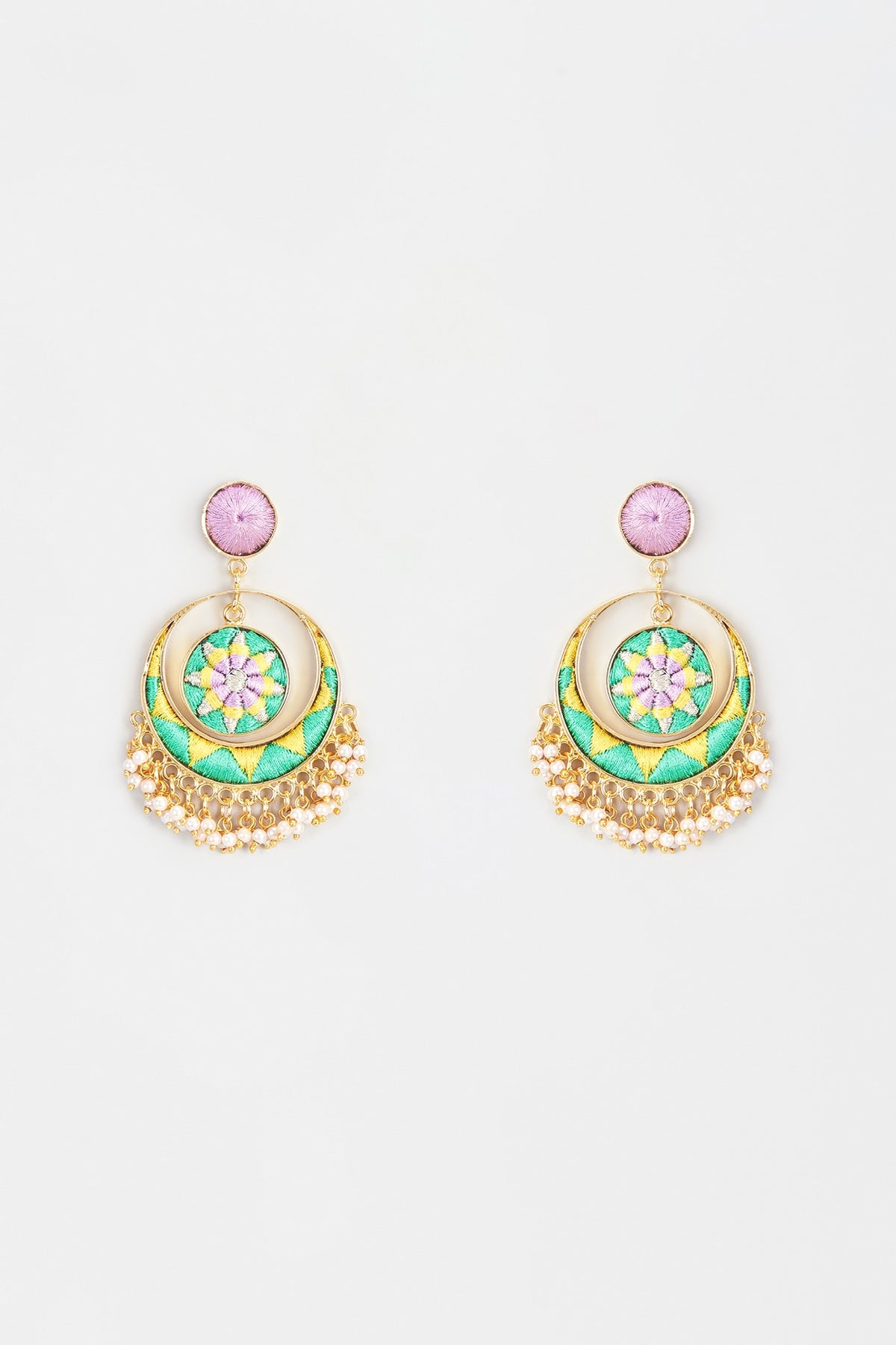Gold Finish Embroidered Chandbali Earrings