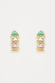 Gold Finish Embroidered Layered Triangle Dangler Earrings