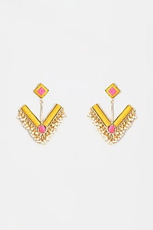 Gold Finish Embroidered Rectangle V-Shaped Earrings