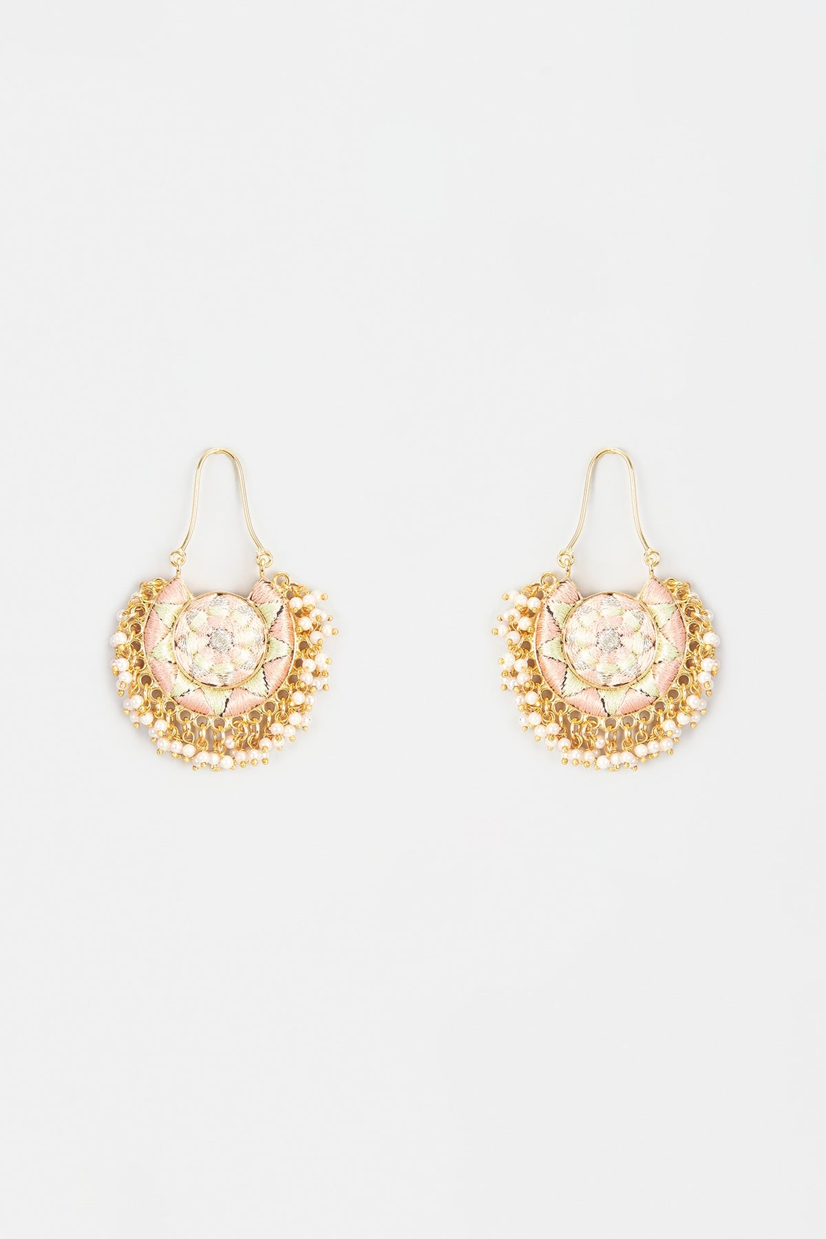 Gold Finish Embroidered Circular Moon Chand Earrings