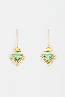 Gold Finish Embroidered Triangle Dangler Earrings