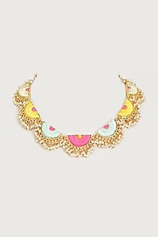 Gold Finish Embroidered Single Layered Semi-Circular Necklace