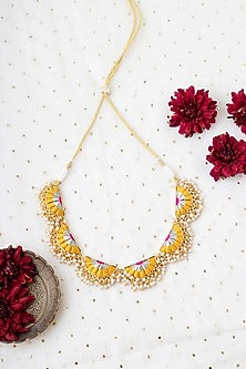 Matte Gold Finish Mustard Yellow & Pink Zari Silk Embroidered Layered Necklace