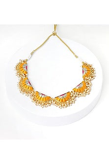 Matte Gold Finish Mustard Yellow & Pink Zari Silk Embroidered Layered Necklace