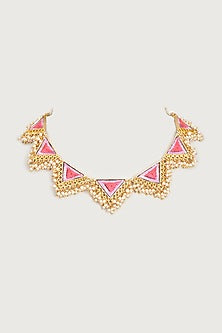 Gold Finish Embroidered Single Layered Triangle Necklace