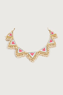 Gold Finish Embroidered Single Layered Triangle Necklace