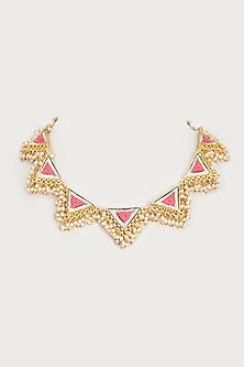 Gold Finish Embroidered Single Layered Triangle Necklace