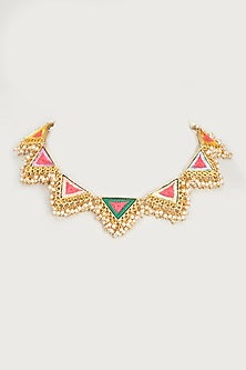 Gold Finish Embroidered Single Layered Triangle Necklace