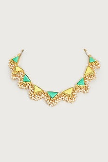 Gold Finish Embroidered Single Layered Triangle Necklace