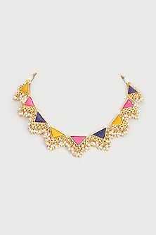 Gold Finish Embroidered Single Layered Triangle Necklace