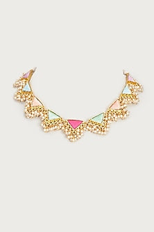Gold Finish Embroidered Single Layered Triangle Necklace