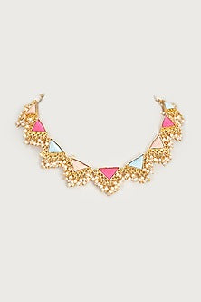 Gold Finish Embroidered Single Layered Triangle Necklace