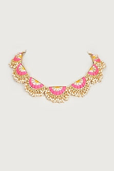 Gold Finish Embroidered Single Layered Semi-Circular Necklace