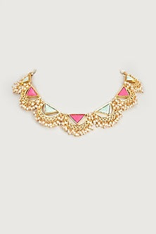 Gold Finish Embroidered Single Layered Triangle With Pipe Necklace