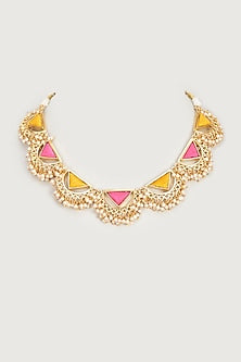 Gold Finish Embroidered Single Layered Triangle With Pipe Necklace